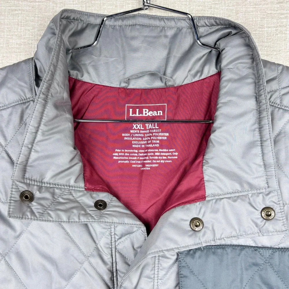 LL Bean Mens XXL Tall Quilted Shirt Jacket Gray Insulated Snap Front 518107